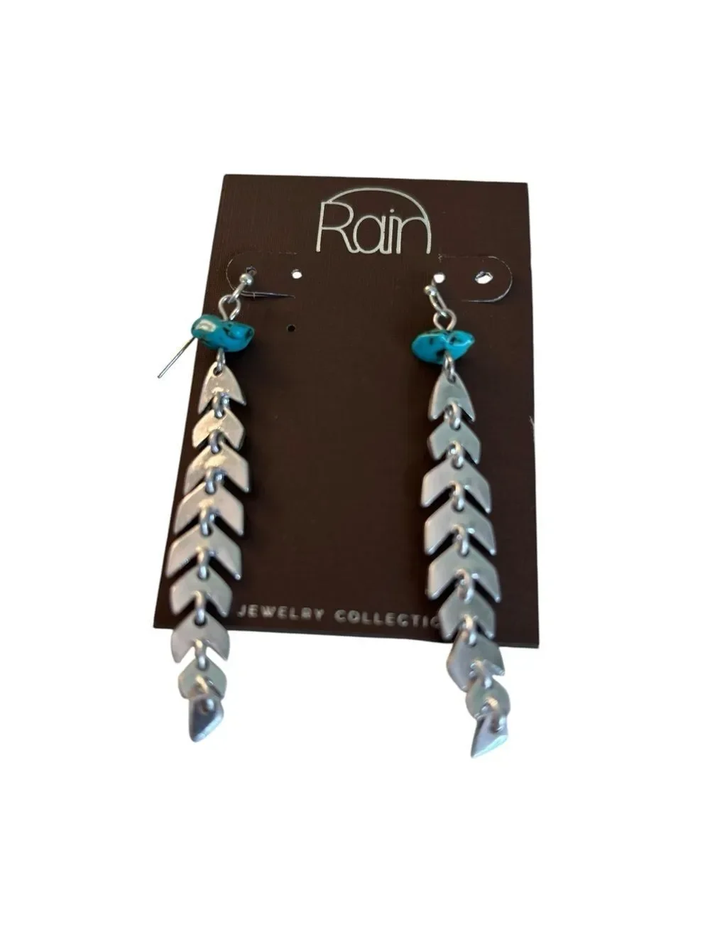 Silver Toned Chevron Designed Drop Earrngs w/ Faux Turquoise Gemstone Accent.